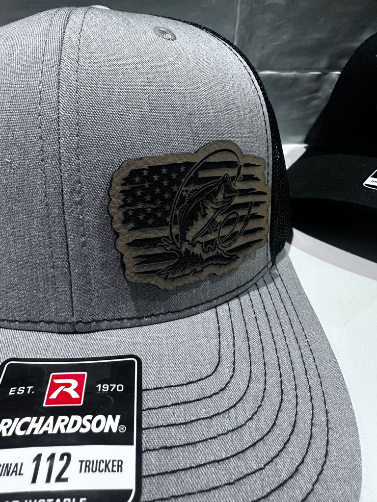 Bass Fishing USA Flag Hat | Snapback or Flexfit | Trucker Hat Black / Black Snapback